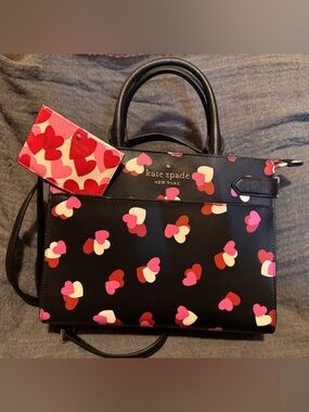 Kate Spade Staci Flutter Hearts Satchel (Black Multi) - w/ Storyline Card Holder